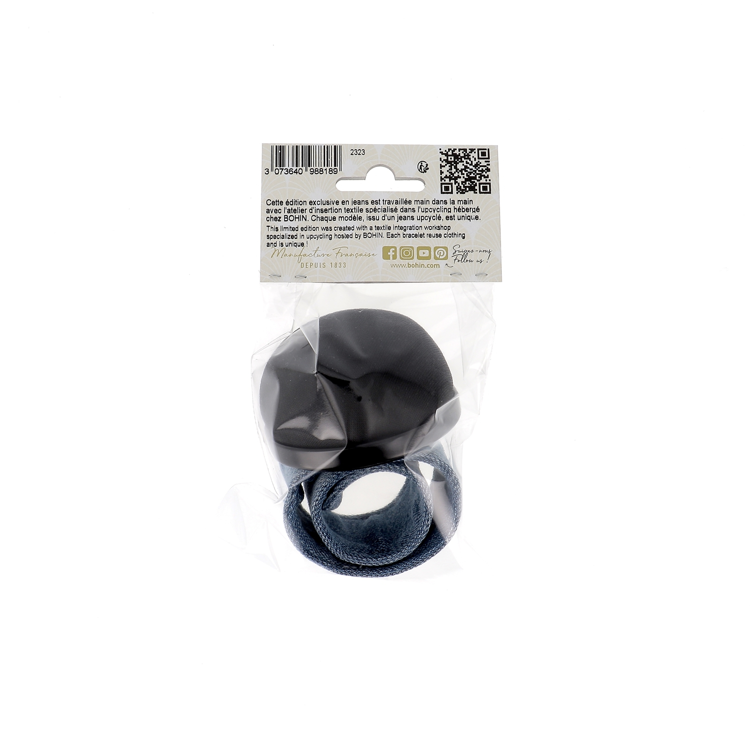 Bracelet porte épingles noir ajustable en jeans upcyclé