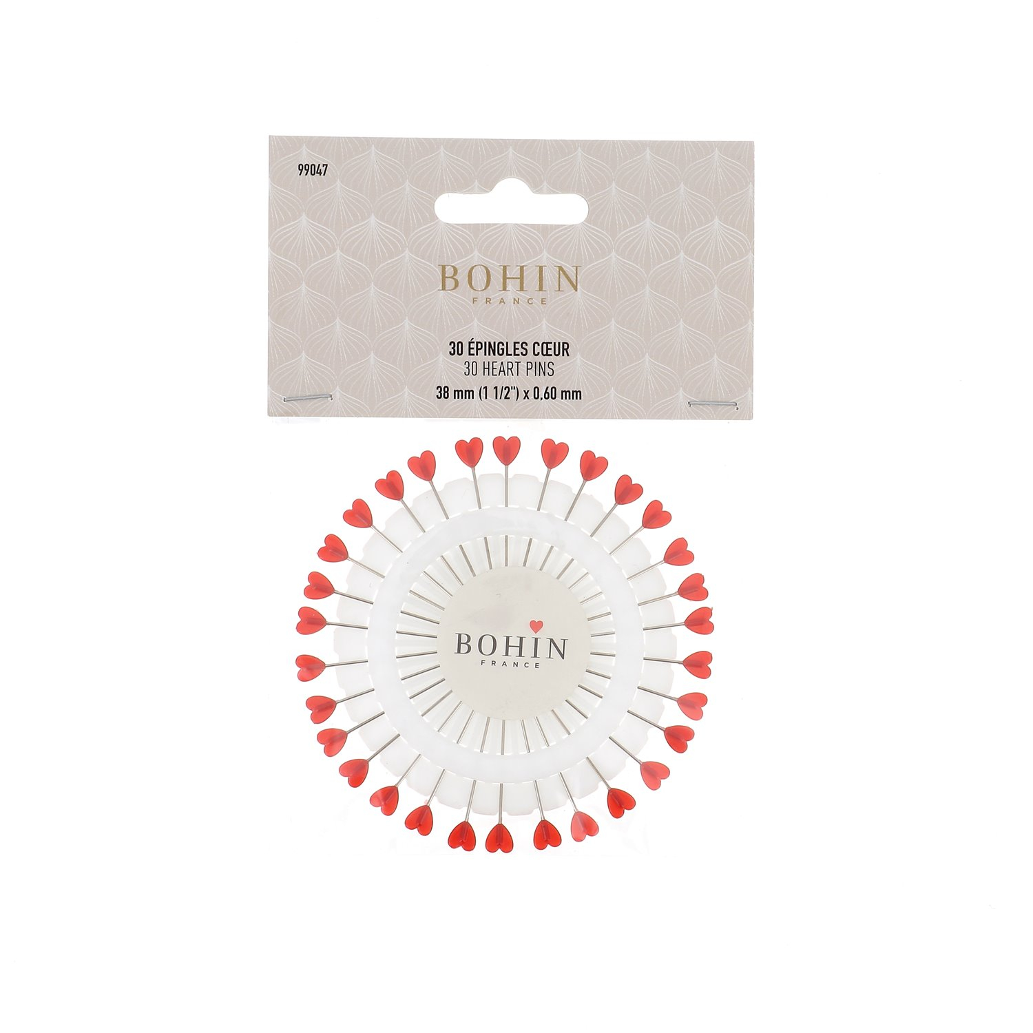 Épingles à tête plastique - Coeur rouge - 38 x 0,60 mm. - Disque de 30 épingles coeur