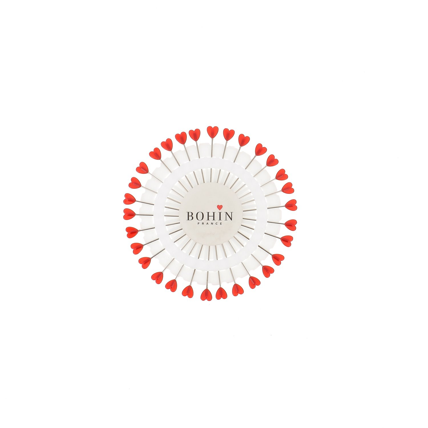 Épingles à tête plastique - Coeur rouge - 38 x 0,60 mm. - Disque de 30 épingles coeur