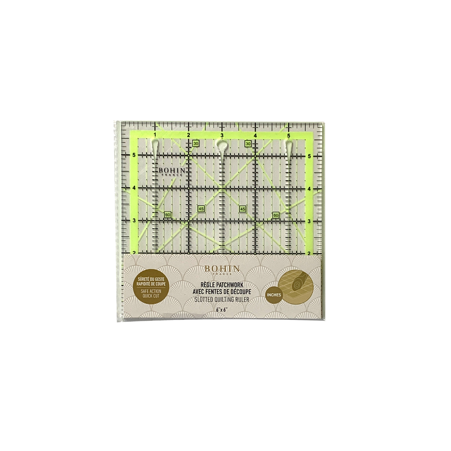 Règle de patchwork avec fentes de découpe - graduation en inches